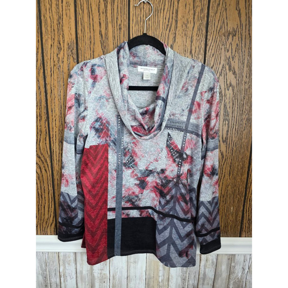 Women's Christopher & Banks Petite Long Sleeve Tee MP Gray Red - Picture 2 of 4